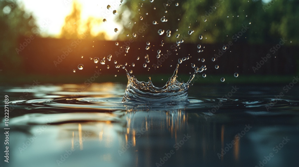 Water Drop Splash with Ripples and Sunset Reflection Water Drop Splash with Ripples and Sunset Reflection
