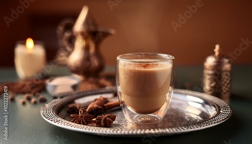 A delicate glass of steaming masala chai, the warm brown liquid speckled with spices, restin photo