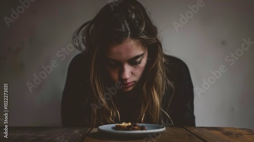 Woman with long hair sitting at a dimly lit table, looking down at a nearly empty plate, evoking a moody and contemplative atmosphere, symbolizing anorexia