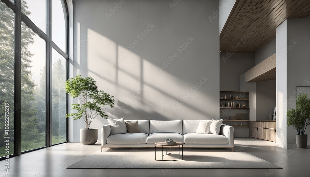Bright, minimalist loft living room with large floor-to-ceiling windows, a sleek white sofa, Bright, minimalist loft living room with large floor-to-ceiling windows, a sleek white sofa,
