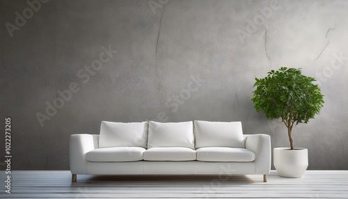 a white modular couch, a single green plant, and an empty grey concrete wall, providing plen  photo