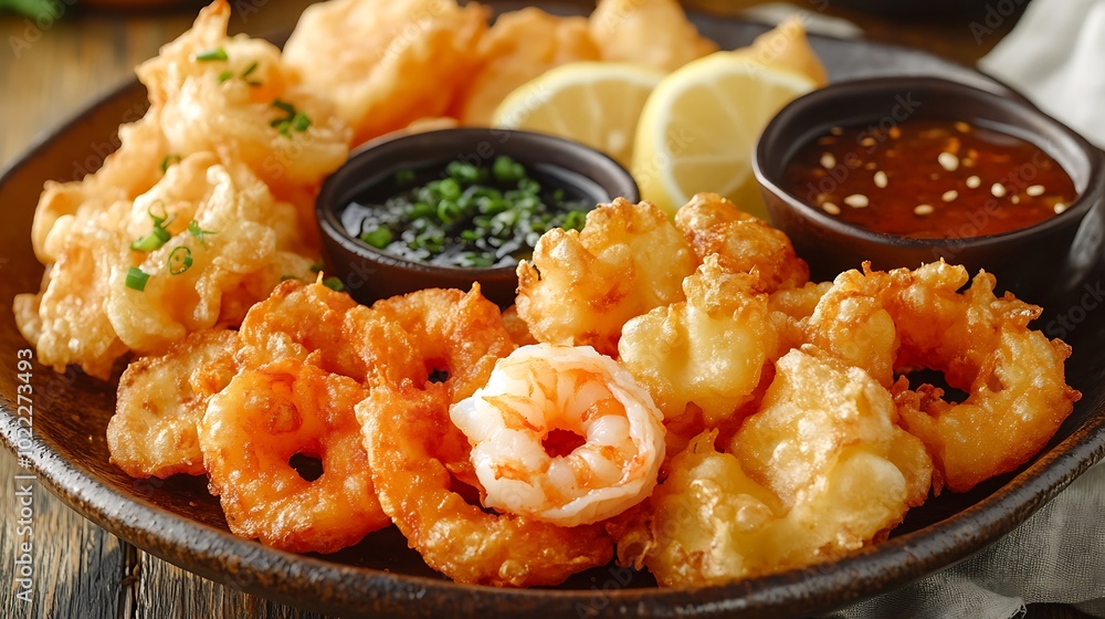 Tempura Platter with Dipping Sauce: A variety of tempura – shrimp, sweet potato, and lotus root – arranged crisply on a ceramic plate, with a side of dipping sauce in a small bowl and a wedge of lemon Tempura Platter with Dipping Sauce: A variety of tempura – shrimp, sweet potato, and lotus root – arranged crisply on a ceramic plate, with a side of dipping sauce in a small bowl and a wedge of lemon