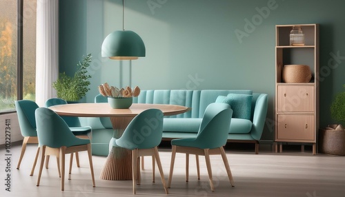 Minimalist Scandinavian dining area with mint-colored chairs around a round wooden table, ba 