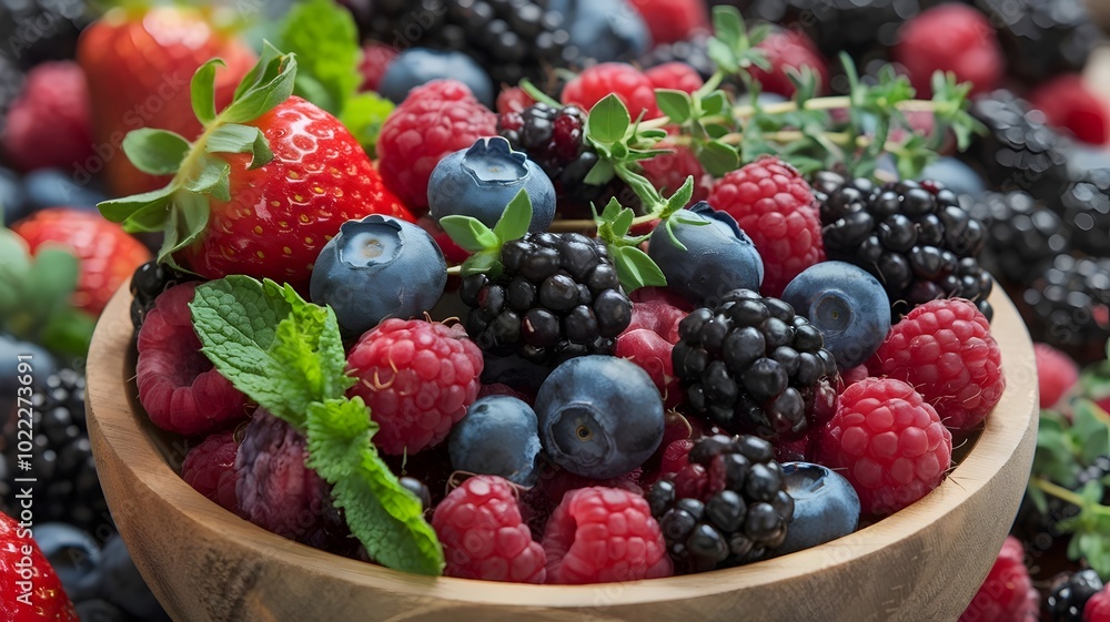 Wooden bowl filled with mixed berries and fresh herbs on a rustic background Wooden bowl filled with mixed berries and fresh herbs on a rustic background