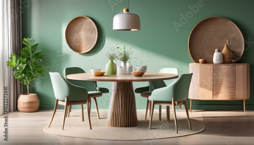Mint-green chairs surrounding a round wooden dining table, set in a Scandinavian-designed ro