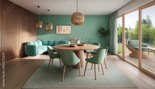 Scandinavian home interior with a mint and wood theme, showcasing mint-colored chairs around