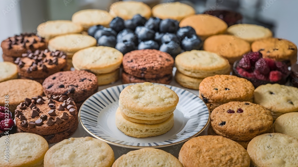 Assorted biscuits in a circular arrangement with a biscuit plate in the foreground Assorted biscuits in a circular arrangement with a biscuit plate in the foreground