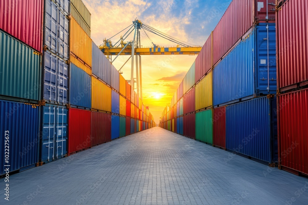 Fototapeta premium Colorful Shipping Containers Stacked in an Industrial Storage
