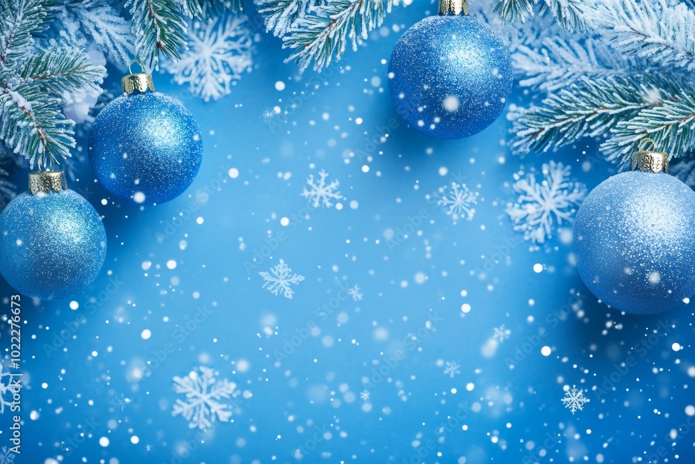 A festive blue Christmas background filled with snowflakes and shimmering blue ornaments creates a joyful holiday ambiance A festive blue Christmas background filled with snowflakes and shimmering blue ornaments creates a joyful holiday ambiance