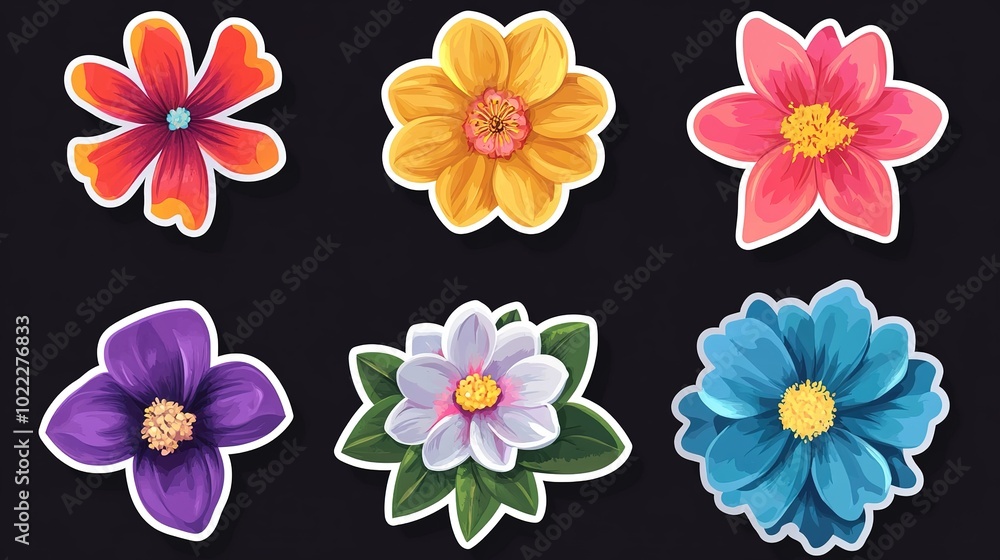 Obraz premium Colorful flower stickers in flat vector style, showcasing different designs, on an isolated background