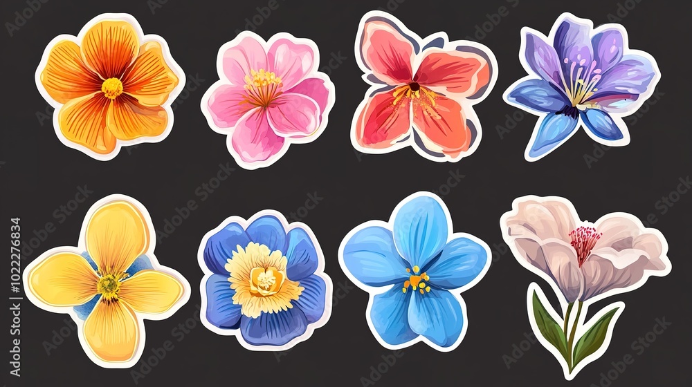 Obraz premium Colorful flower stickers in flat vector style, showcasing different designs, on an isolated background