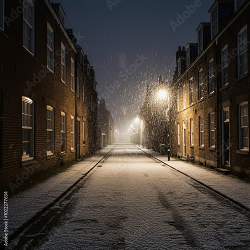 Snowflakes falling softly on a quiet street