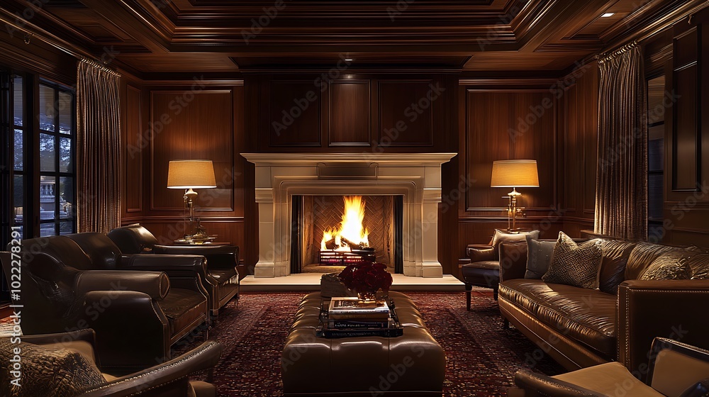 Luxurious Living Room with Fireplace and Leather Furniture Luxurious Living Room with Fireplace and Leather Furniture