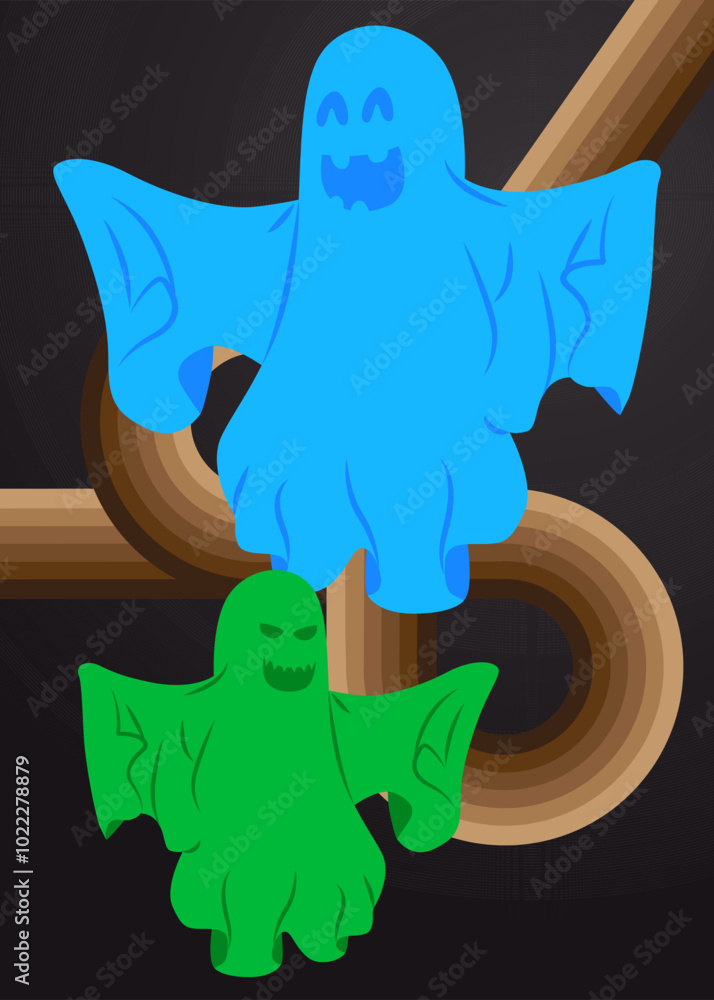 Retro 70s Background with Halloween Ghost. Groovy Holiday 1970s art template. Minimalistic Vintage design poster. Old-fashioned color artwork. Retro 70s Background with Halloween Ghost. Groovy Holiday 1970s art template. Minimalistic Vintage design poster. Old-fashioned color artwork.