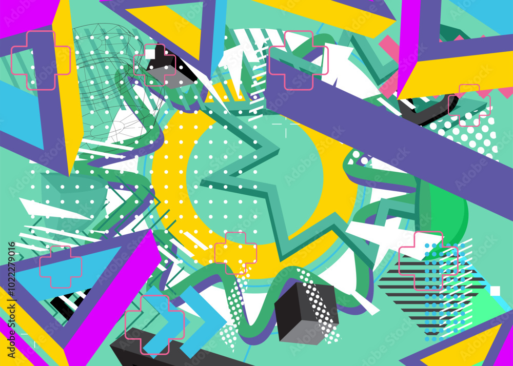 Fototapeta premium Busy geometrical graphic retro theme cover. Minimal geometric elements poster design. Vintage abstract shapes template for poster banner.