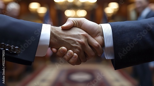 Two men in suits shaking hands in a formal setting.