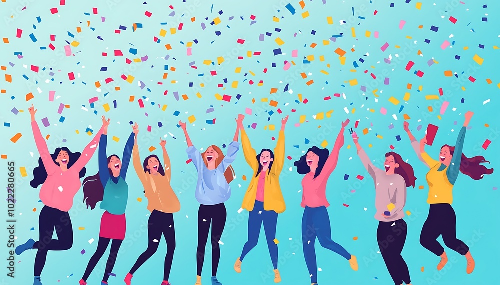 Cheerful Women Jumping With Confetti Cheerful Women Jumping With Confetti