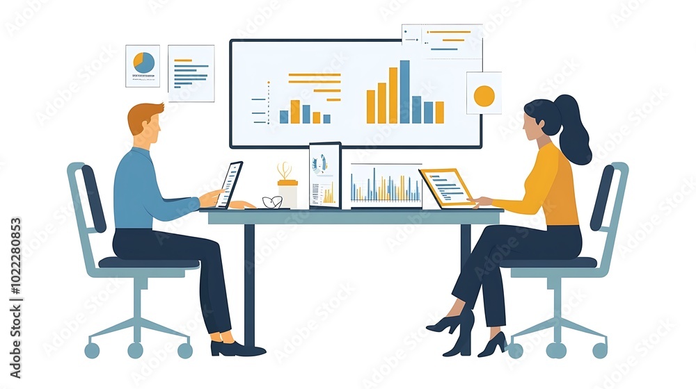 Two Businesspeople Working Together at a Desk with Data Charts and Graphs Two Businesspeople Working Together at a Desk with Data Charts and Graphs
