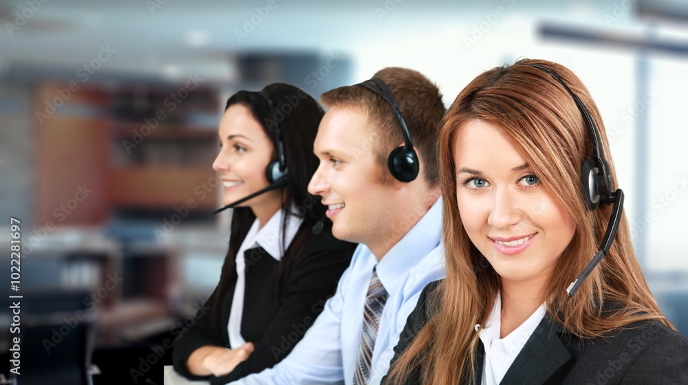 Happy call center worker in customer service Happy call center worker in customer service