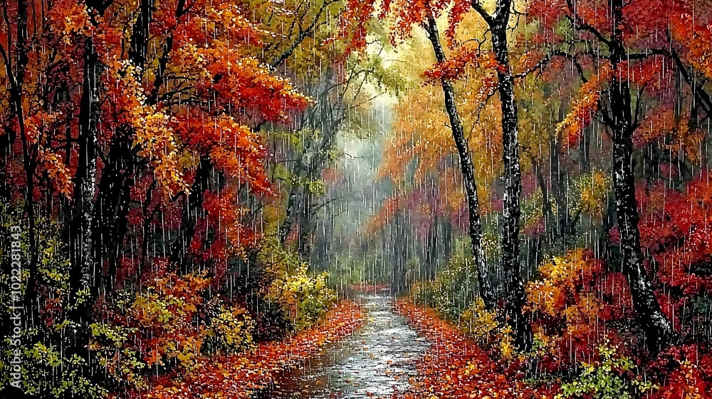 Fototapeta premium Stunning photograph showcasing the beauty of an autumn landscape with vibrant trees in shades of orange yellow and red and a winding path covered in a carpet of fallen leaves