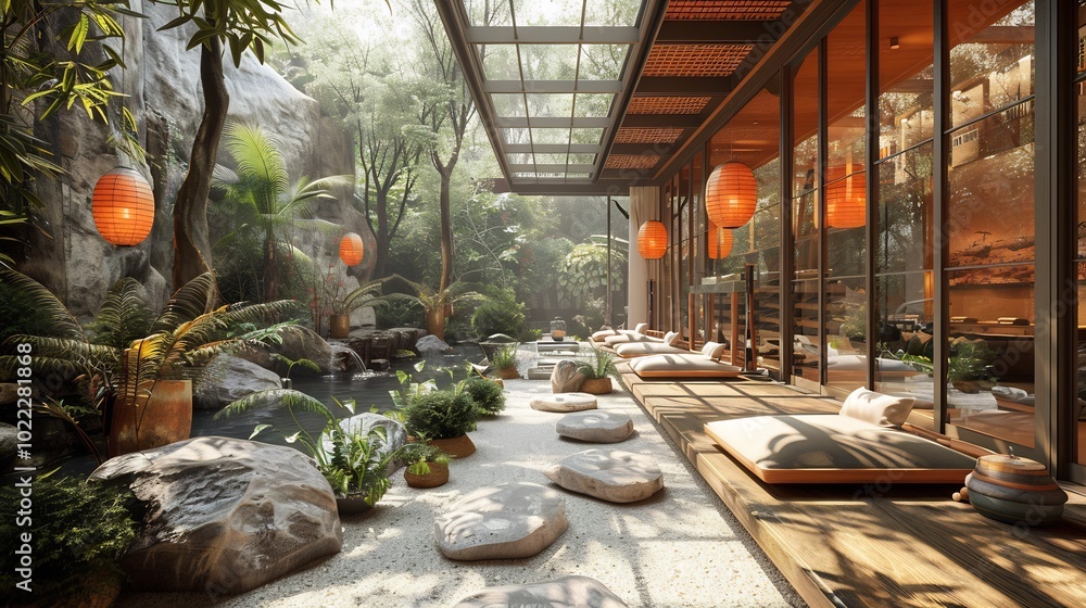 Naklejka premium Invite viewers escape the stresses of everyday life with images of a secluded wellness retreat nestled in nature