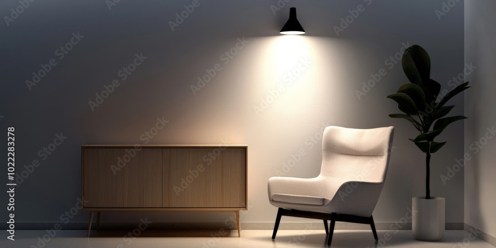 Fototapeta premium A Scandinavian-inspired room with a light wooden cabinet and a neutral-colored armchair, complemented by soft lighting and simple decor, offering a serene and calm feel