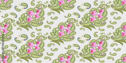 Pink orchid embroidery pattern, green paisley ikat seamless geometric pattern. Blue background illustration, vector, wallpaper border.