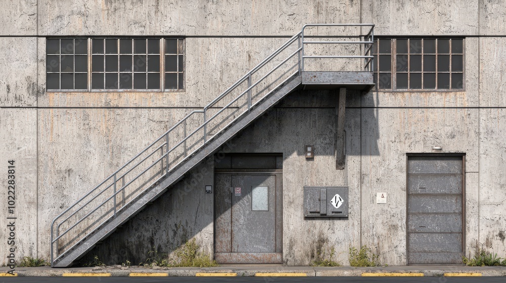 Industrial Building Exterior with Metal Stairs and Doors Industrial Building Exterior with Metal Stairs and Doors