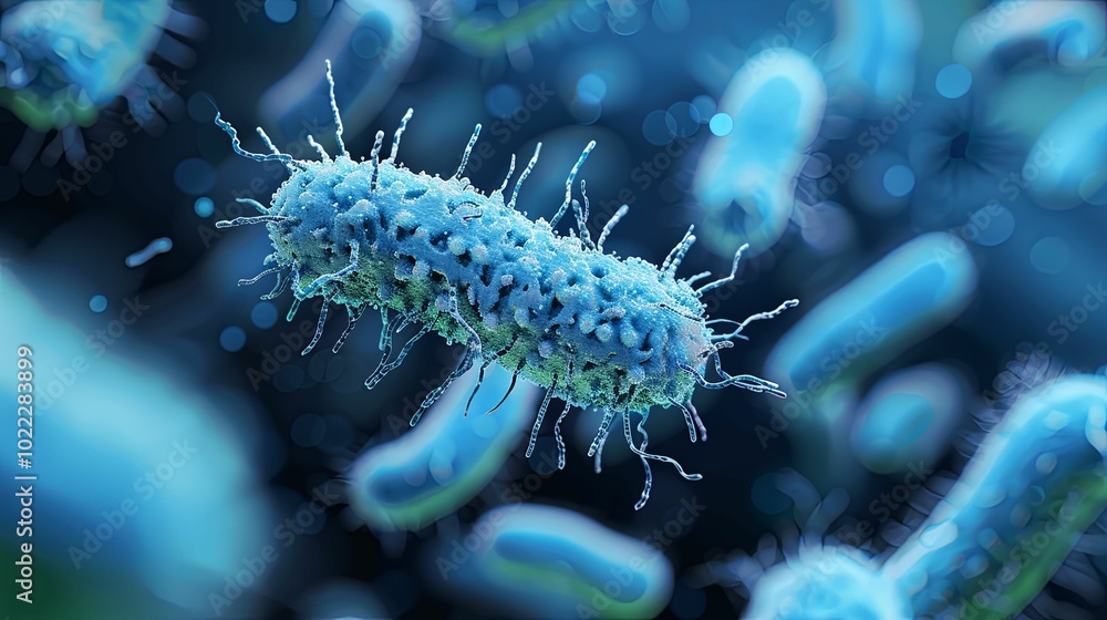 Naklejka premium A Detailed Microscopic View of a Single Bacterium with Numerous Pili