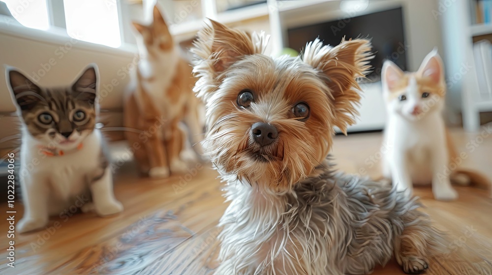 Yorkshire Terrier Dog and Three Cats in a Home Setting Yorkshire Terrier Dog and Three Cats in a Home Setting
