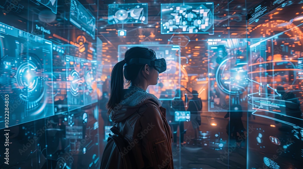 Woman in VR Headset Surrounded by Digital Interfaces Woman in VR Headset Surrounded by Digital Interfaces