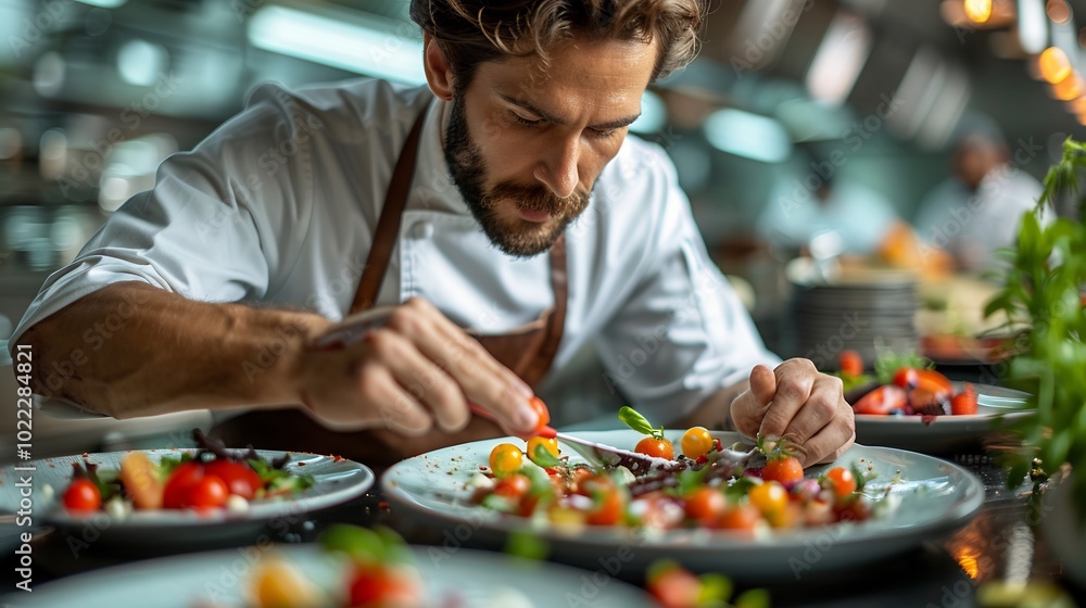Showcase artistry of a master chef plating a gourmet meal with colorful ingredients arranged in an intricate and appetizing display Showcase artistry of a master chef plating a gourmet meal with colorful ingredients arranged in an intricate and appetizing display