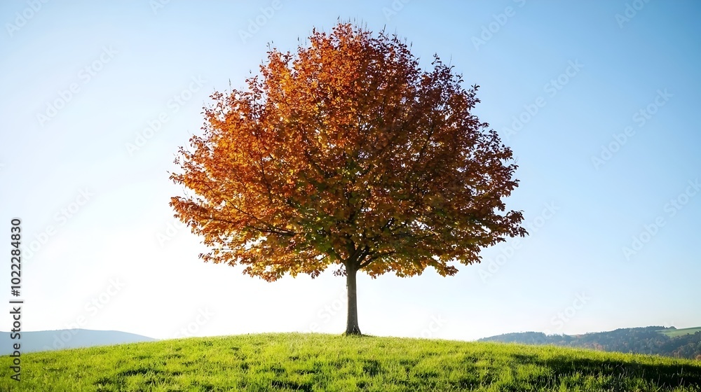 Vibrant Autumn Tree with Bright Orange and Red Leaves Standing Alone in an Open Field Isolated Against a Clear Tranquil Sky Vibrant Autumn Tree with Bright Orange and Red Leaves Standing Alone in an Open Field Isolated Against a Clear Tranquil Sky