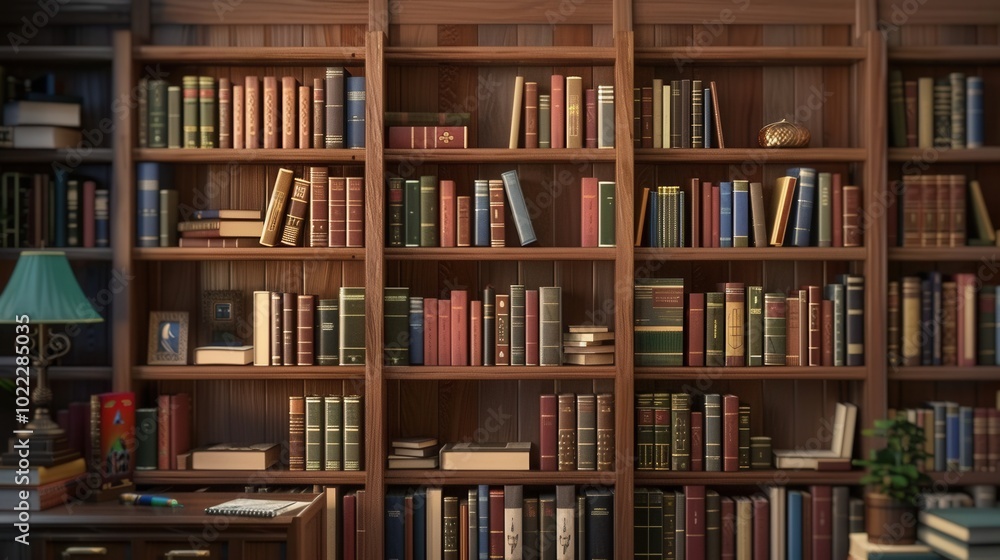 The wooden shelves display an extensive array of textbooks and academic literature, creating a warm and inviting study atmosphere. Generative AI The wooden shelves display an extensive array of textbooks and academic literature, creating a warm and inviting study atmosphere. Generative AI