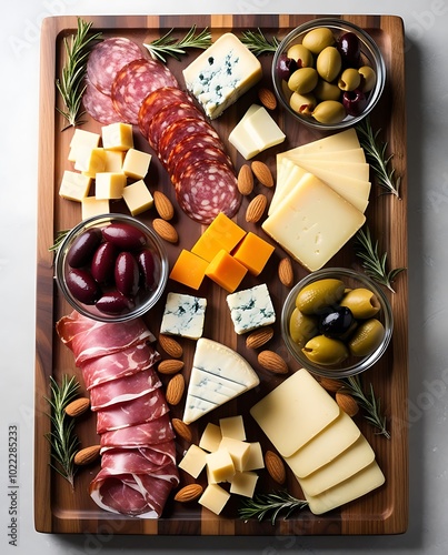 Assorted charcuterie board with a variety of cheeses, cured meats, nuts, and olives, beautifully arranged, evoking a sense of gourmet dining. Concept of food, indulgence, and celebration (21)