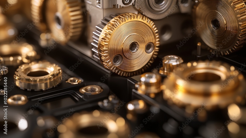 Precision Gold Gears and Bearings   Industrial Machinery Closeup