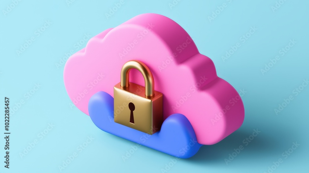 Secure Cloud Computing Concept 3D Pink Cloud with Golden Padlock Secure Cloud Computing Concept 3D Pink Cloud with Golden Padlock