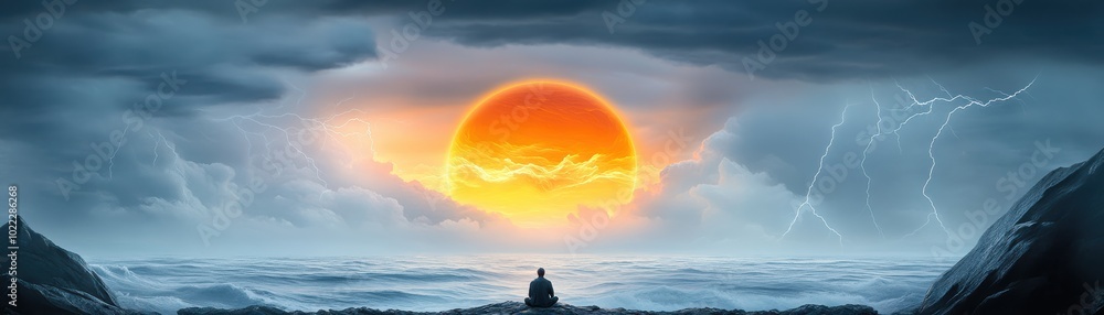 Obraz premium A breathtaking sunset over a tranquil ocean, surrounded by dramatic clouds and distant lightning, creating a serene yet powerful atmosphere.