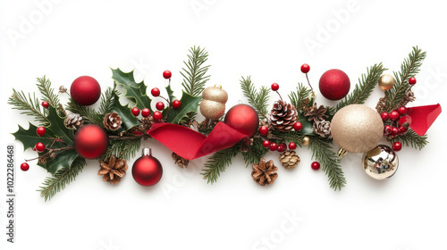 Festive Christmas decorations featuring red and gold ornaments, pinecones, and holly leaves create joyful holiday atmosphere. Perfect for seasonal celebrations and decor