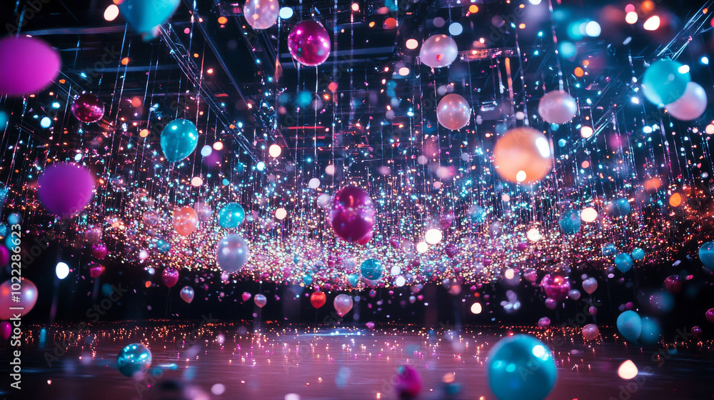 A vibrant display of colorful balloons and lights creates festive atmosphere, perfect for celebrations and events. scene is filled with mix of pink, blue, and white balloons, suspended in dazzling arr A vibrant display of colorful balloons and lights creates festive atmosphere, perfect for celebrations and events. scene is filled with mix of pink, blue, and white balloons, suspended in dazzling arr