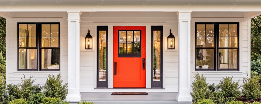 Obraz premium A charming front porch featuring a vibrant orange door, surrounded by elegant windows and lush greenery, inviting warmth and style.