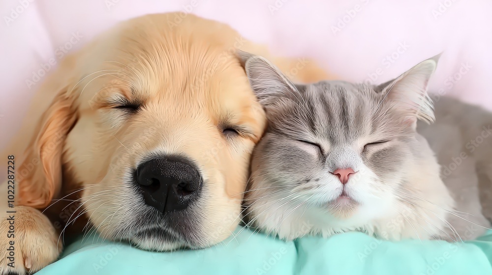 Adorable Golden Retriever Puppy and British Shorthair Cat Sleeping Together Adorable Golden Retriever Puppy and British Shorthair Cat Sleeping Together