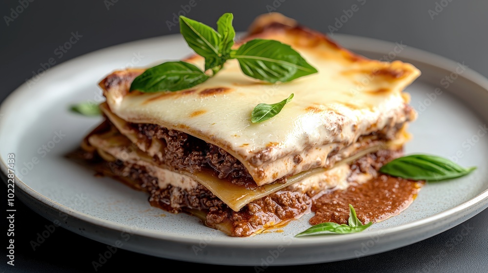 Delicious Lasagna with Bolognese Sauce and Basil Garnish Italian Cuisine Delicious Lasagna with Bolognese Sauce and Basil Garnish Italian Cuisine