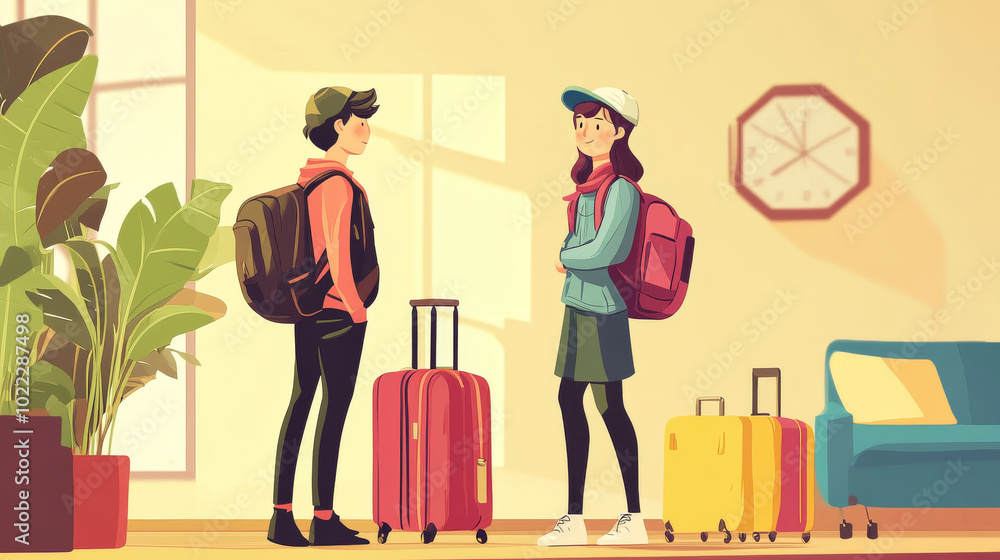 Traveling friends with colorful luggage in bright room, showcasing excitement and adventure. scene captures moment of anticipation as they prepare for their journey together