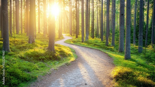 Serene Forest Pathway with Sunlight Through Trees