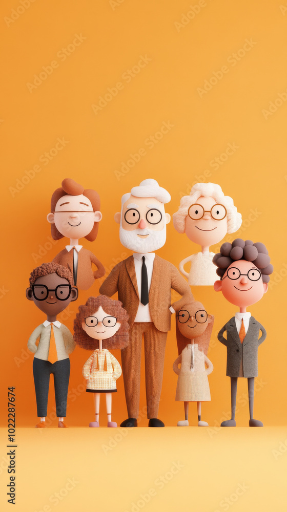 A cheerful group of animated characters stands together against vibrant orange background, showcasing diverse family with various hairstyles and outfits A cheerful group of animated characters stands together against vibrant orange background, showcasing diverse family with various hairstyles and outfits