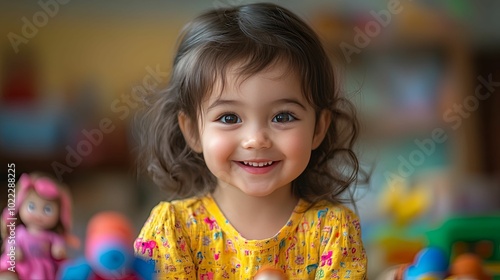 Portrait of a Smiling Little Girl with Brown Hair and Eyes