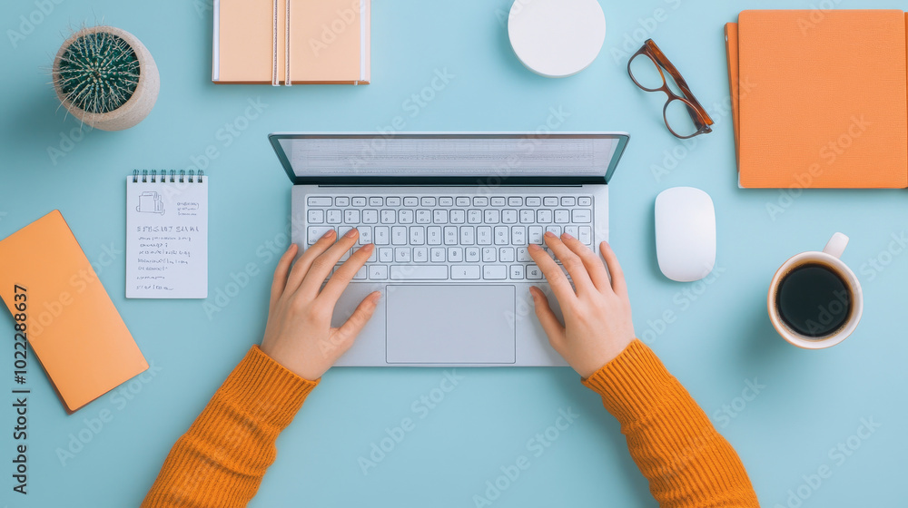 A person is working on laptop at bright blue desk, surrounded by office supplies, coffee cup, and plant, creating productive and organized workspace A person is working on laptop at bright blue desk, surrounded by office supplies, coffee cup, and plant, creating productive and organized workspace