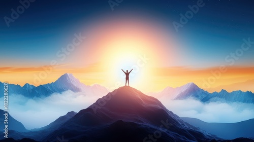 A person standing on top of a mountain, arms raised triumphantly, smiling, representing achievement and mental well-being after overcoming obstacles.