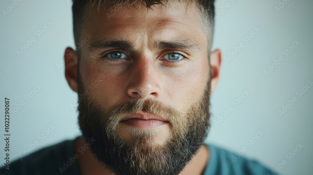 Fototapeta premium close up portrait of man with well groomed beard and striking blue eyes, conveying sense of confidence and intensity. background is softly blurred, emphasizing his facial features